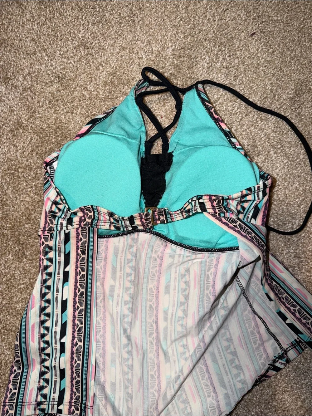 Girls' Striped Halter Tankini Top- Mint, Pink & Black